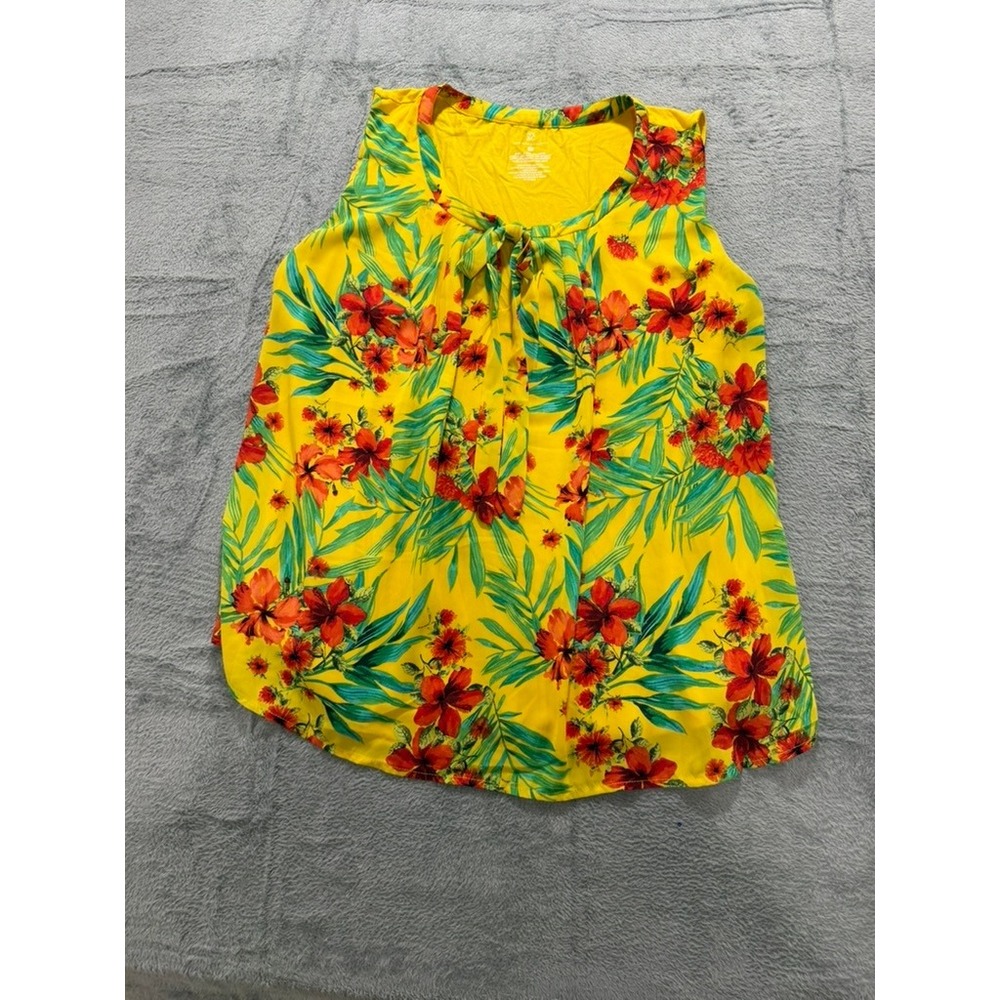NY&Co Sleeveless Blouse Womens XL Yellow Floral Tropical Tie Neck Lined - Picture 2 of 10